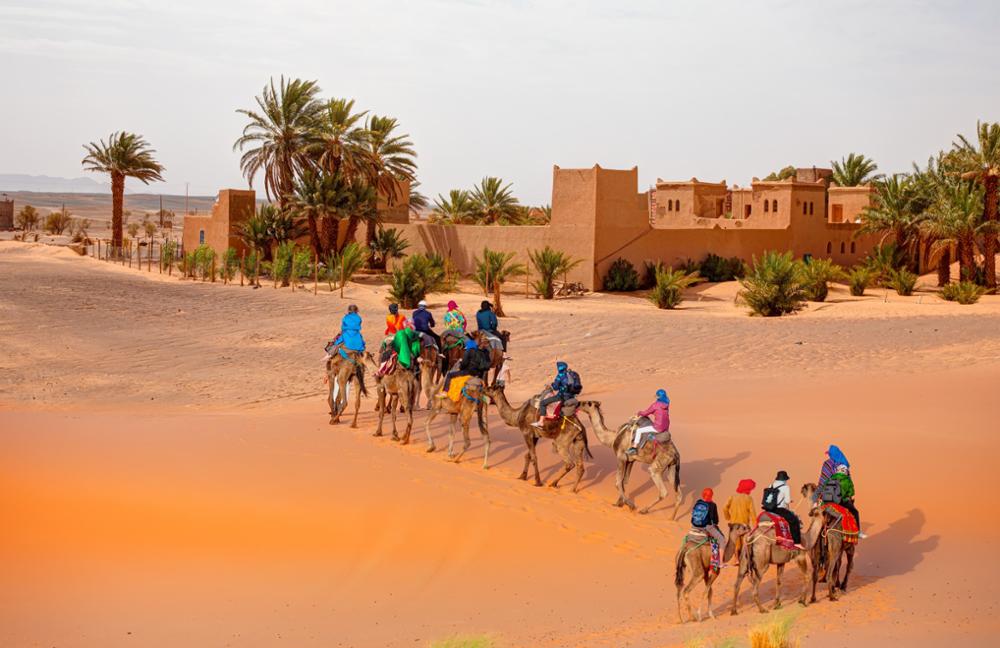 Vue spectaculaire des dunes dorées de Merzouga avec un voyageur au départ de Casablanca à dos de dromadaire au coucher du soleil