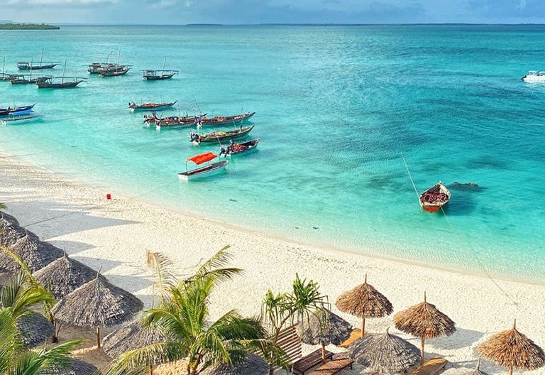 Plage paradisiaque de Zanzibar avec eau turquoise et palmiers, idéale pour un voyage organisé depuis Casablanca
