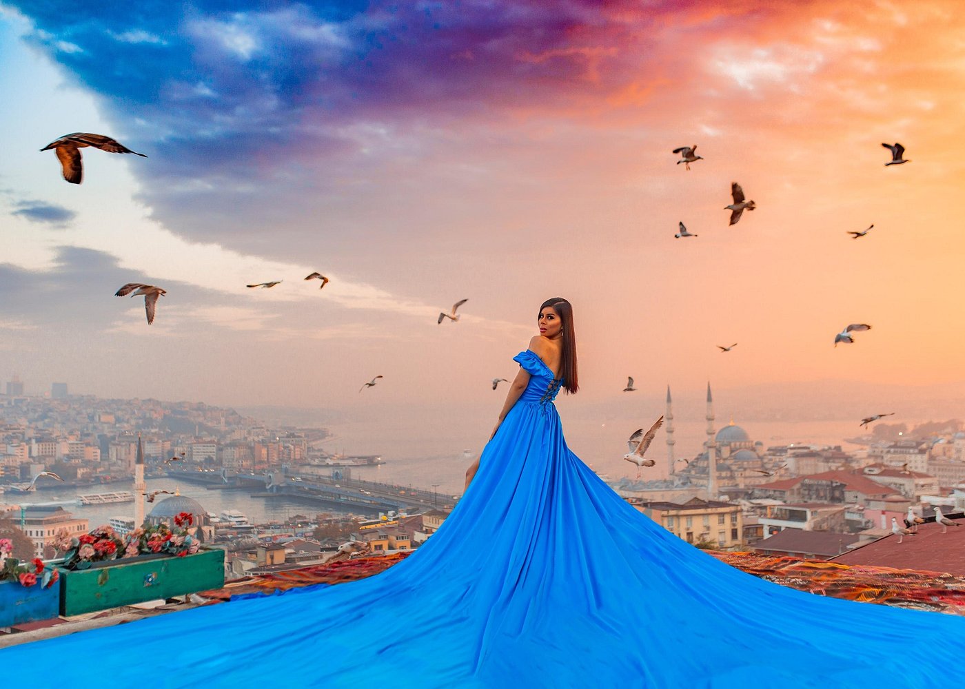 Vue panoramique sur la Mosquée Bleue à Istanbul au lever du soleil, avec un avion en arrière-plan évoquant un départ depuis Casablanca