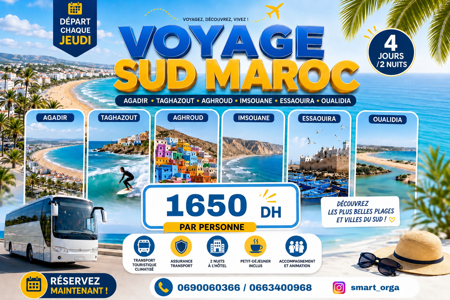 AGADIR • AGHROUD • ESSAOUIRA 3 Jours d’Évasion entre Océan, Soleil et Découverte ☀️🌊 